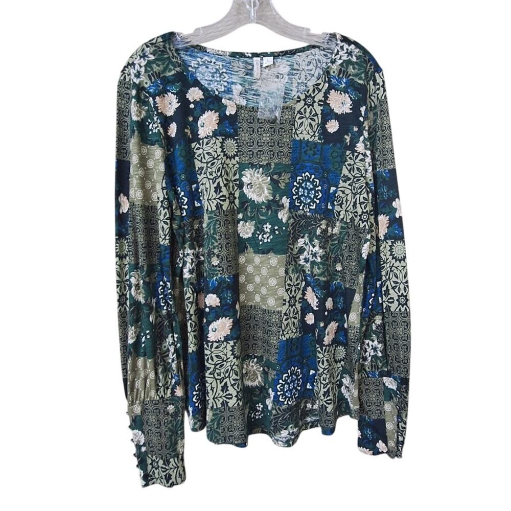 CATO Womens Patchwork Floral Cotton Modal Long Victorian Sleeves Green Top L
